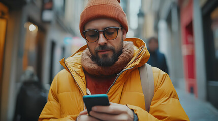Urban Winter Lifestyle Photo: Man Using Smartphone