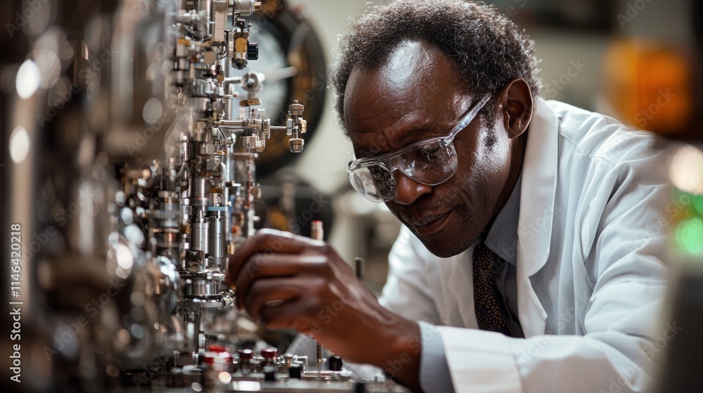 Poster a man in a lab coat is working on a machine
