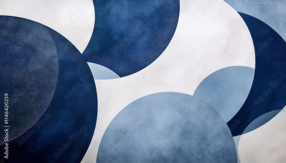 Poster abstract overlapping blue and white geometric circular shapes with textured gradients. minimalist ba