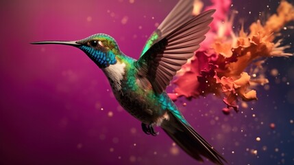 Fototapeta premium Colorful Flying Colibri Bird in Vibrant Background with Splashes of Color Representing Motion and Life in Nature Ecosystem