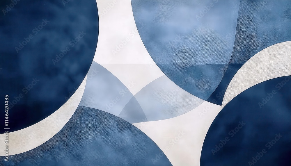 Poster abstract overlapping blue and white geometric circular shapes with textured gradients. minimalist ba