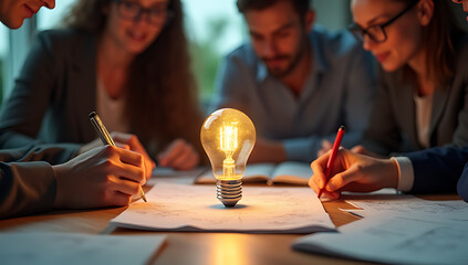 A business team brainstorming together with a lightbulb and crumpled paper notes on a cluttered worktable sparks inspiration and motivation._00003_