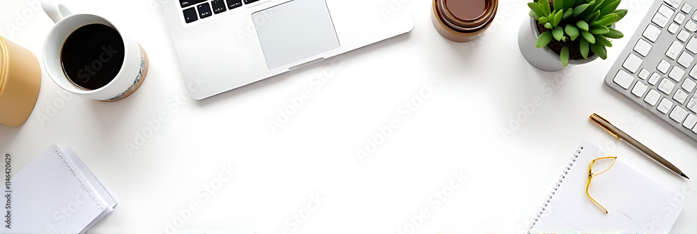 Poster a business table set with mock office supplies on a clean white background in flat lay design simpli
