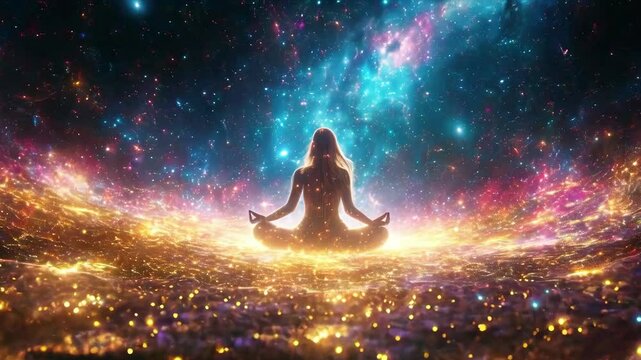 Silhouette of a Meditating Woman in Cosmic Space Surrounded by Stars and Galaxies new beautiful stock video footage animation AI