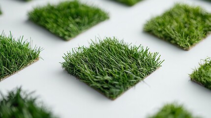 Fototapeta premium Lush green grass patches arranged neatly on a white background, symbolizing nature imagine food photography, macro shot, natural lighting