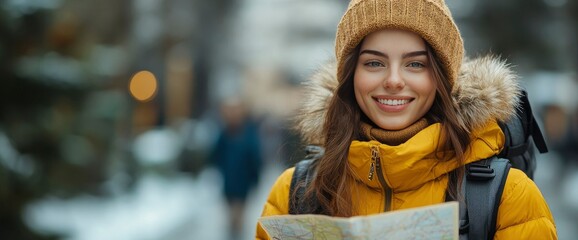 Happy Young Woman Tourist with Map in Winter City