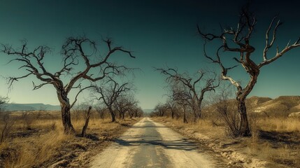 The dirt road cuts through a landscape of barren trees. Their twisted, leafless branches stand tall against the sky