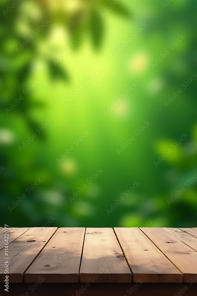 Poster A blurred wood table sits atop a vibrant abstract green background with garden elements and natural textures subtly integrated._00003_