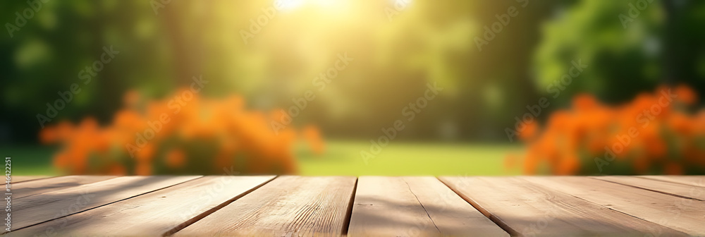 Aufkleber A blurred image of a wood table with an orange garden visible through it, suitable for a design key visual display._00001_