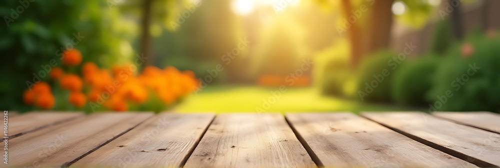 Aufkleber a blurred image of a wood table with an orange garden visible through it, suitable for a design key 