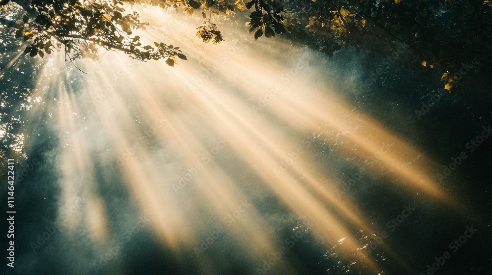 Poster rays of sunlight filtering through foliage in a misty forest.