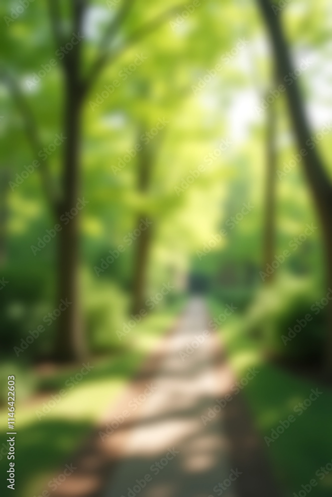Poster A blurred bokeh effect is created by out of focus trees in a serene garden scene during spring and summer seasons always._00003_
