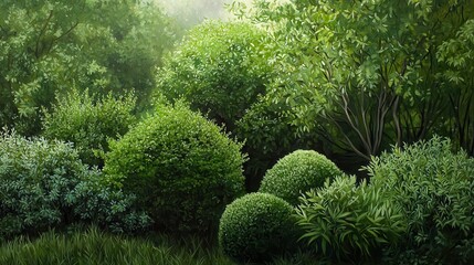 Assorted green shrubs and trees artistically arranged, creating a peaceful garden landscape imagine oil painting, impressionist style,