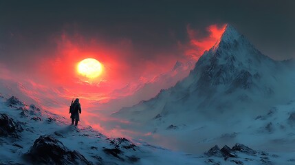 Obraz premium Lone Figure Silhouette Mountain Sunset Landscape