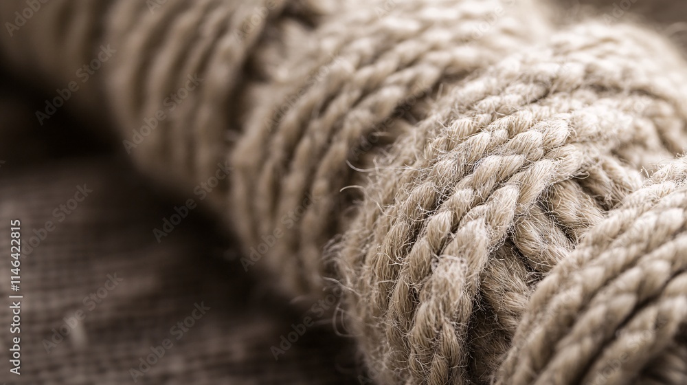 Poster close-up of thick hemp rope resting on rustic surface