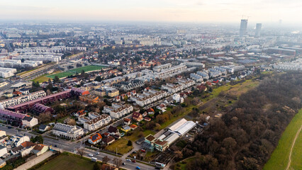 Austria, Vienna: Top Aerial View of Quiet Residential Areas in Districts 21 and 22. A peaceful perspective showcasing the serene neighborhoods of the Austrian capital