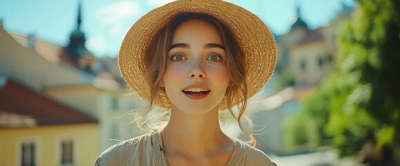 Amazed Young Woman Tourist in European City