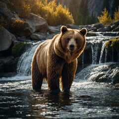Obraz premium A bear with golden fur standing under a waterfall that glimmers like liquid light.