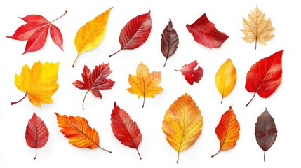 Obraz premium 55.A trendy illustration of various fallen autumn leaves arranged as a flat-lay composition. The leaves are in vibrant autumnal colors, including warm reds, oranges, and yellows, with simple