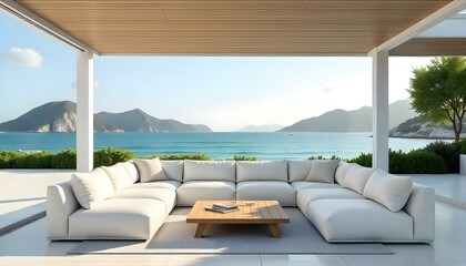Fototapeta premium A modern outdoor lounge area with a large white sectional sofa, a wooden coffee table, and a stunning view of the ocean and mountains in the background