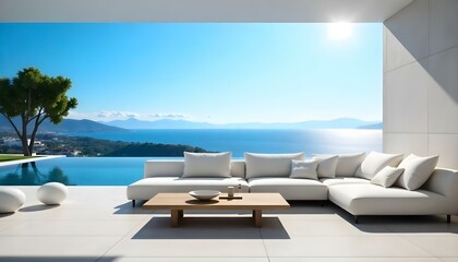 Fototapeta premium A modern outdoor lounge area with a large white sectional sofa, a wooden coffee table, and a stunning view of the ocean and mountains in the background