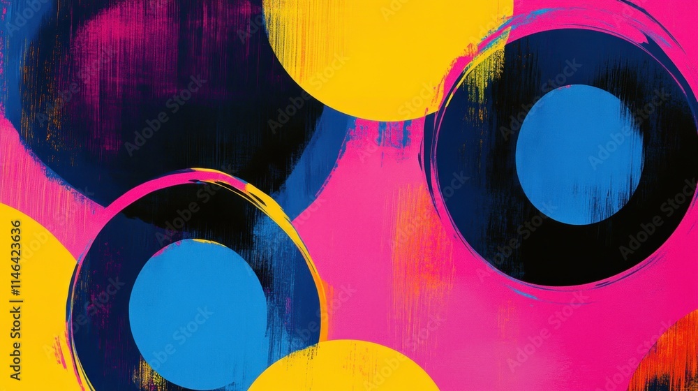 Poster abstract artwork featuring vibrant colors and circular shapes against a bold background.