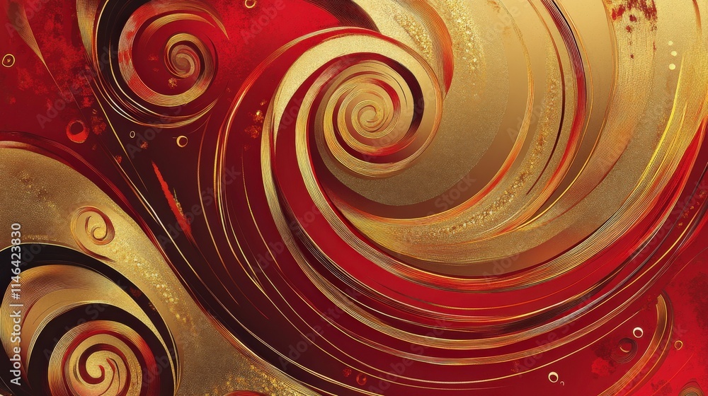Poster intricate swirls of red and gold: a vibrant abstract design expressing energy and movement, perfect 