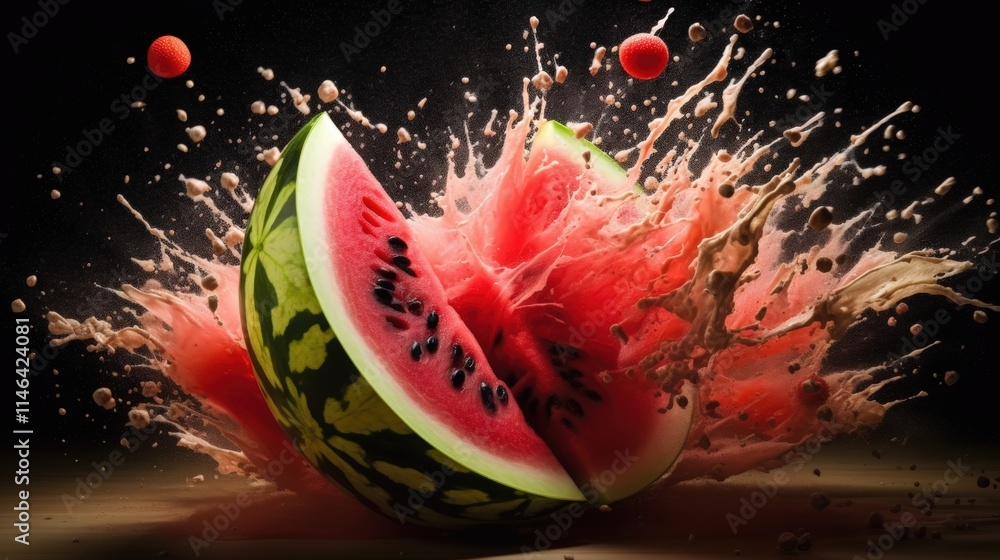 Poster explosive watermelon slice creating chaos in a dynamic splash with vibrant red and green colors agai