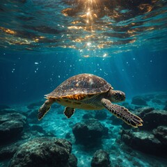 A baby turtle swimming through sparkling, otherworldly waters filled with glowing jellyfish.