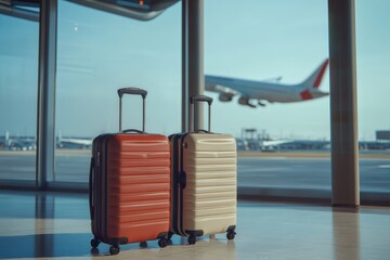 Two suitcases at airport terminal with airplane taking off in background.