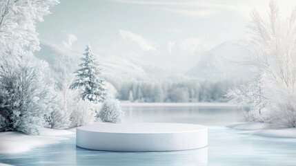 Fototapeta premium Round ice podium against a snowy winter landscape showcasing beauty and spa products for seasonal advertising ideas