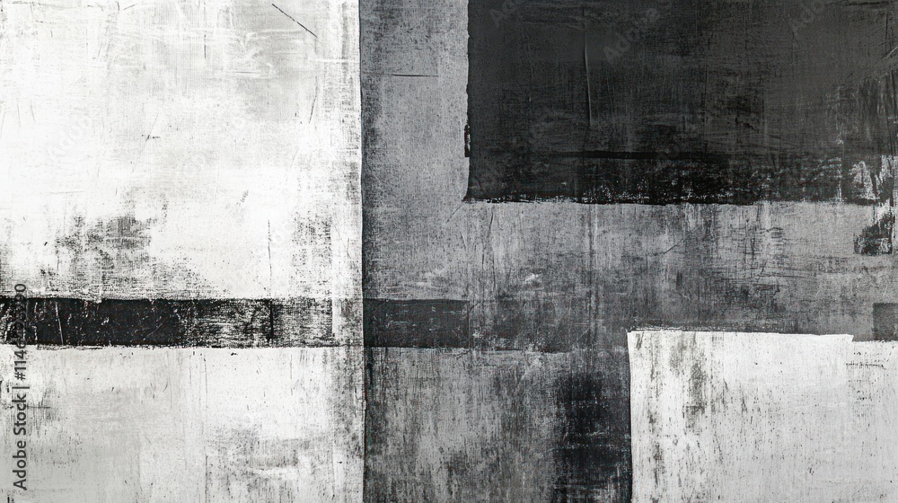 Poster abstract black and white composition with geometric shapes and textured surfaces.