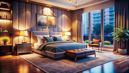 AI Generated Luxury Modern Bedroom, Illuminated Bed, Tilt-Shift Photography