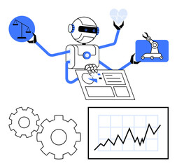 Robot with four arms examining data chart, holding law, heart, and robotic hand symbols. Gears and growth graph included. Ideal for AI, technology, healthcare, law data analysis automation