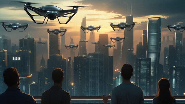drone, show, night, full, moon, above, city, illustration, ai, artificial, intelligence
