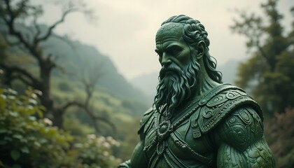 Fototapeta premium Green Stone Warrior Bust: Serene Landscape Setting