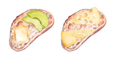 Set of sandwiches on white bread with avocado, cheese and butter. Hand drawn watercolor illustration