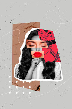 Creative design composite trend artwork collage of silhouette fragment face young woman piece red color lips eyes close think portrait