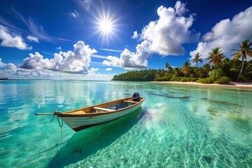 Naklejka premium Aitutaki Lagoon Fishing Boat: Stunning Cook Islands Seascape Photography