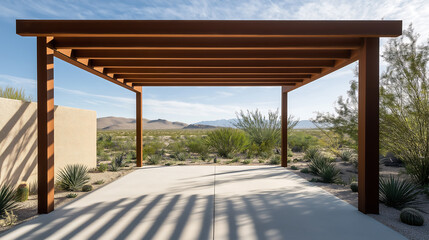 A sleek wooden pergola with mocha mousse theme.