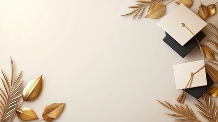 A stylish arrangement featuring graduation caps, gold leaves, and a neutral background, perfect for celebrating academic achievements.