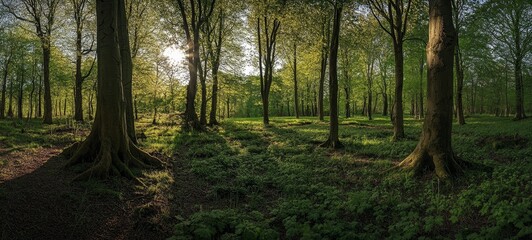 Naklejka premium Sunlit forest with lush green undergrowth and tall trees.
