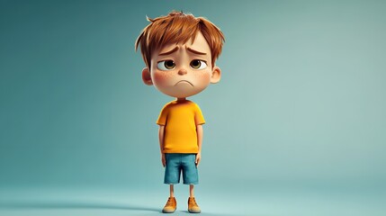 3D cartoon a kid looking worried or sad wearing red jacket against a gray background