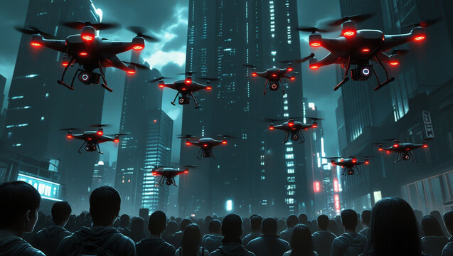 drone, show, night, full, moon, above, city, illustration, ai, artificial, intelligence