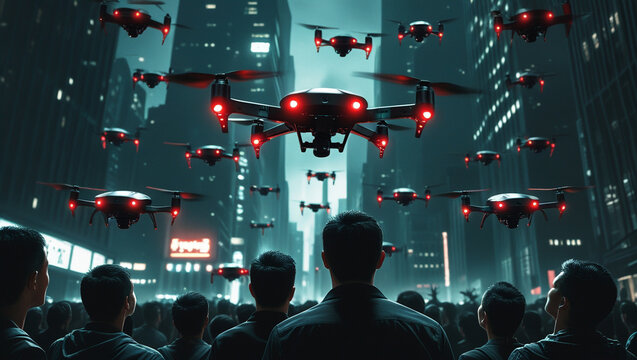 drone, show, night, full, moon, above, city, illustration, ai, artificial, intelligence