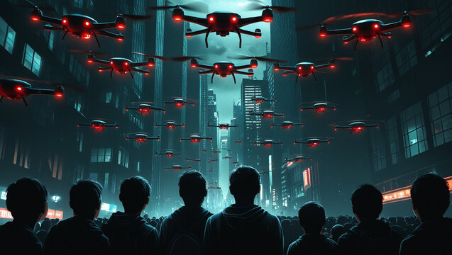 drone, show, night, full, moon, above, city, illustration, ai, artificial, intelligence