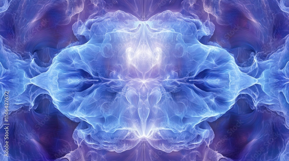 Poster abstract blue and purple smoke-like patterns creating a symmetrical design.