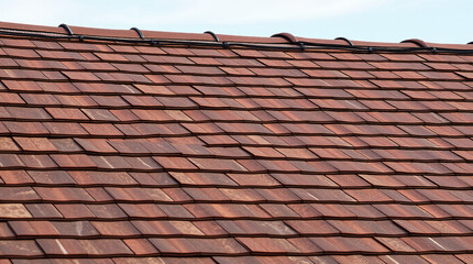 Fototapeta premium A close-up view of a roof covered in reddish-brown interlocking tiles. A dark-colored metal flashing is visible at the roofline. The tiles show subtle variations in color and texture.