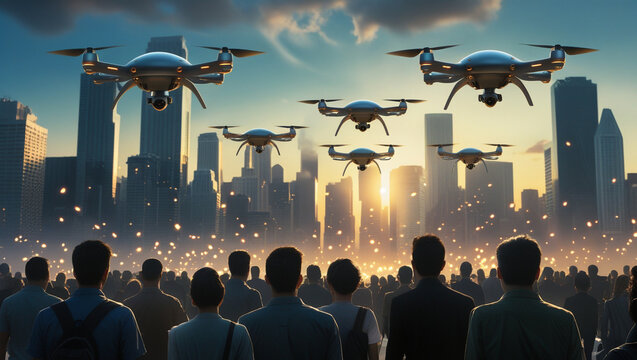 drone, show, night, full, moon, above, city, illustration, ai, artificial, intelligence