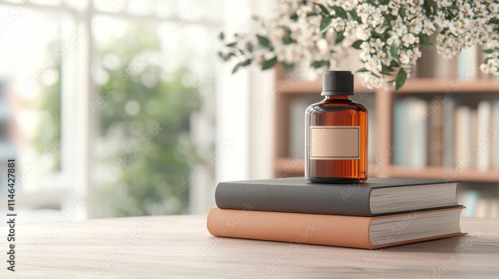 Poster a stylish arrangement featuring a fragrant bottle on stacked books, complemented by soft greenery in